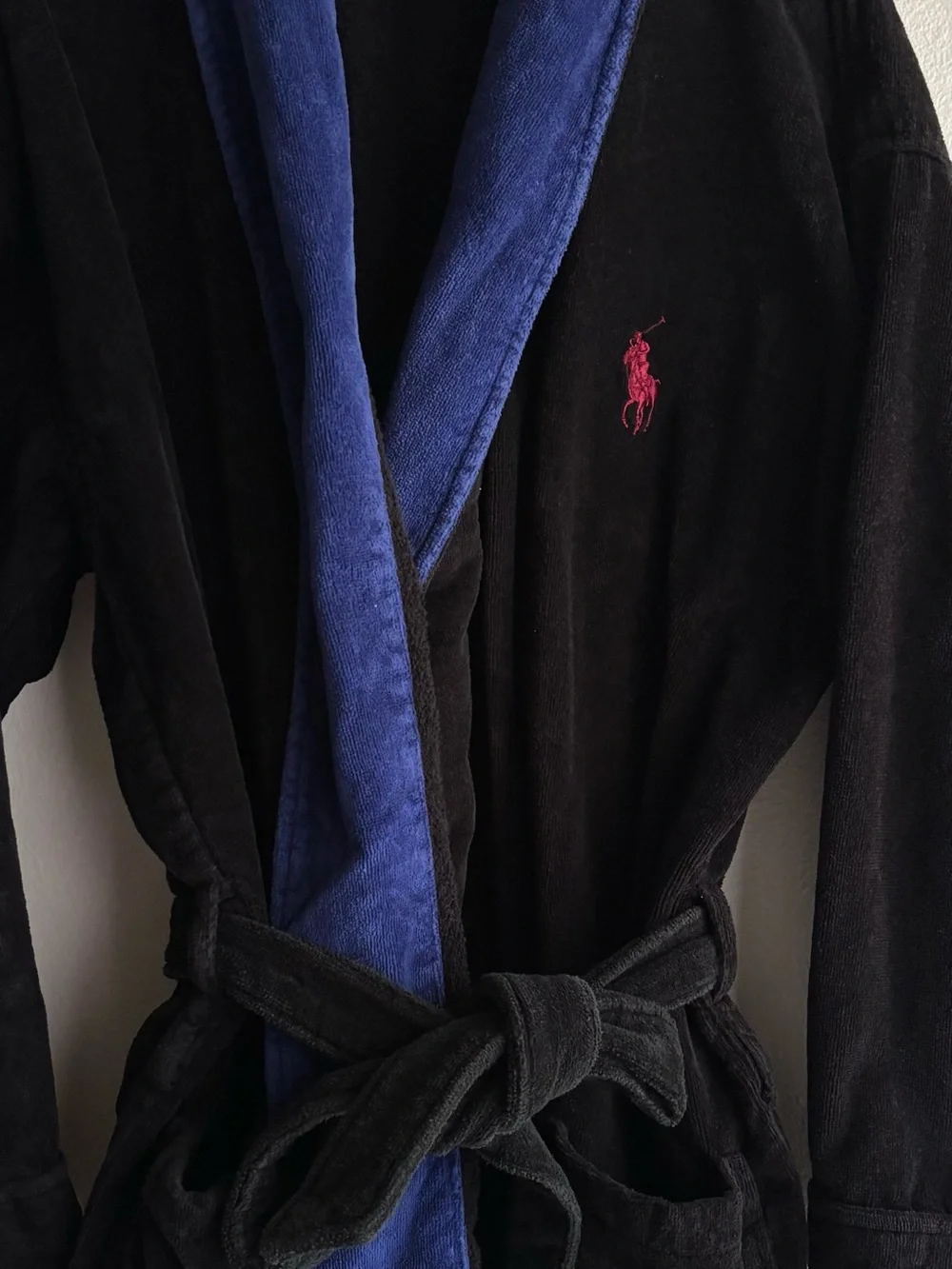 Polo Ralph Lauren Vintage Terry Cloth Robe Black Blue Shawl Collar Pony Logo